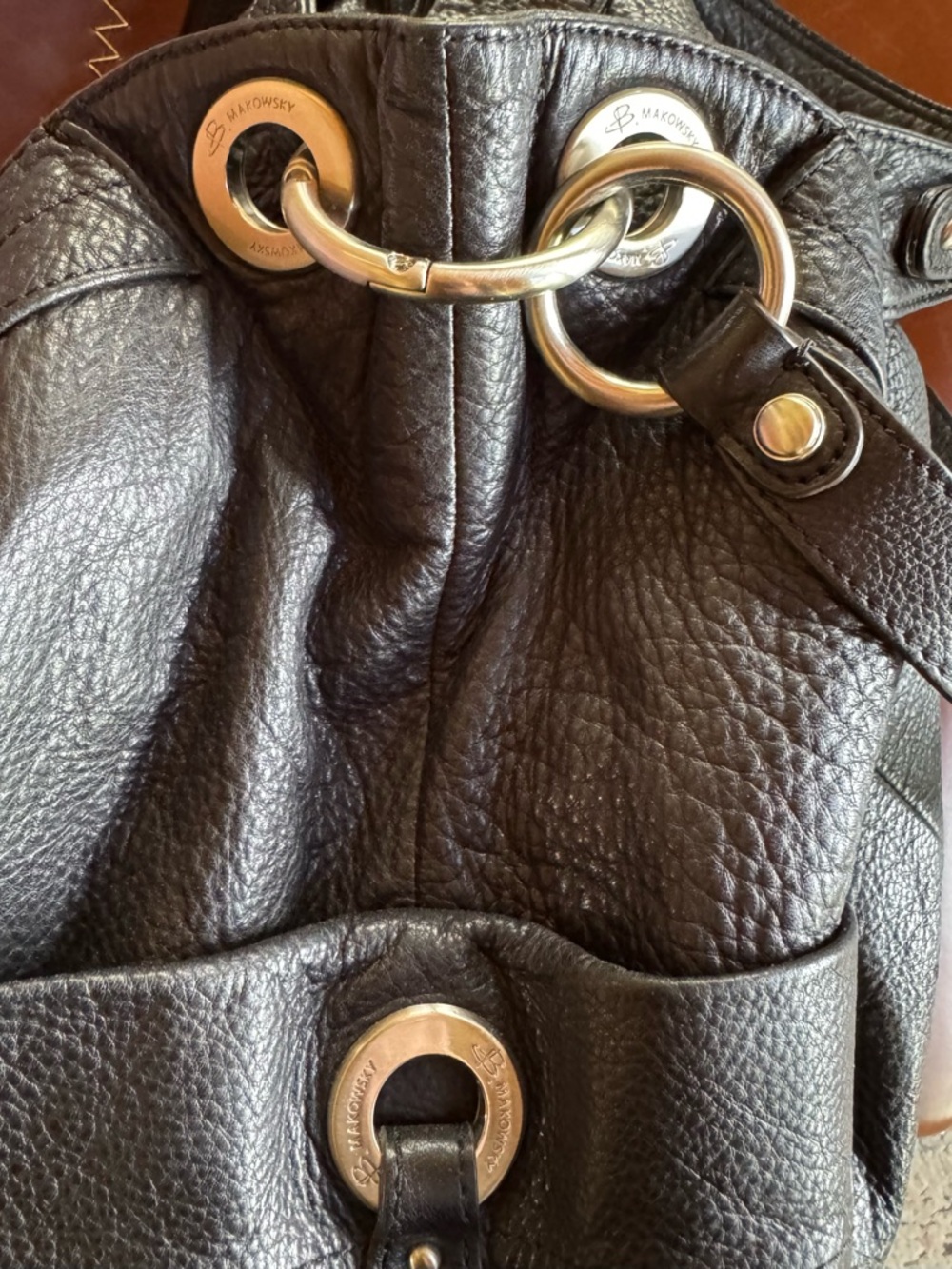 b. makowsky Black Pebbled Leather Shoulder Bag with Front Zips - Picture 7 of 7